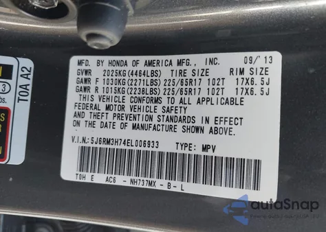 2014 Honda Cr-V Ex-L z USA, uszkodzony, nr VIN 5J6RM3H74EL006933